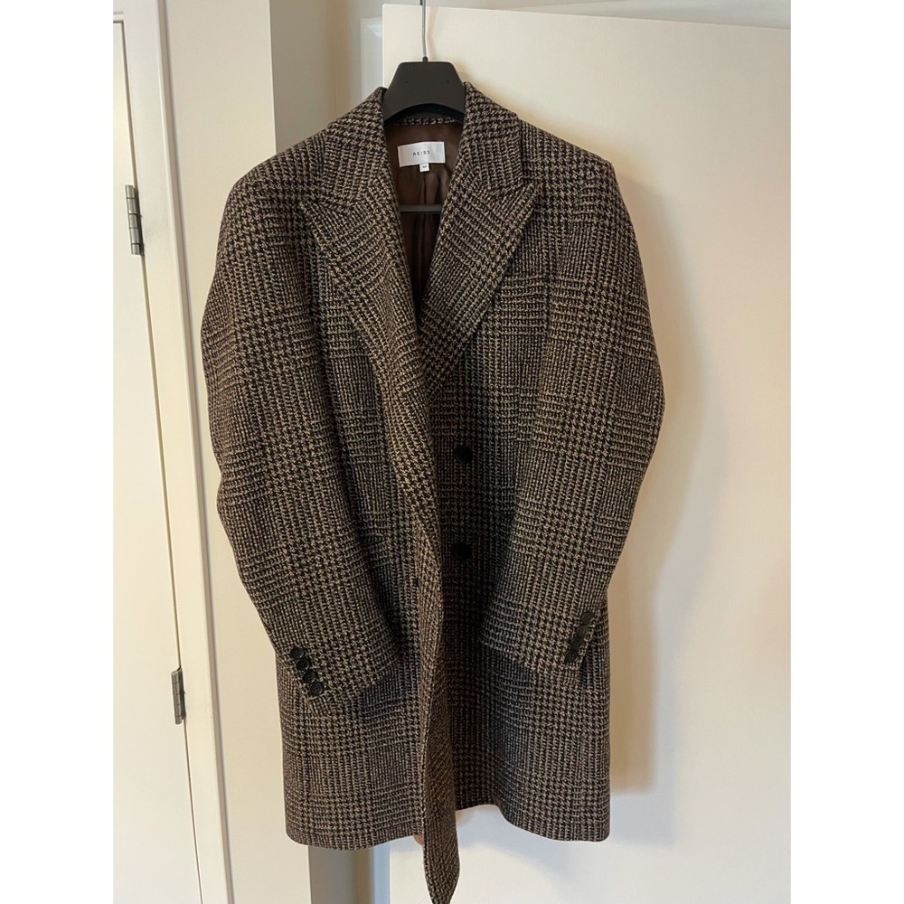 Reiss Merit Check Double-breasted Overcoat In Brown